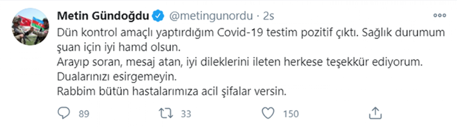 METİN GÜNDOĞDU KORONAVİRÜS'E YAKALANDI